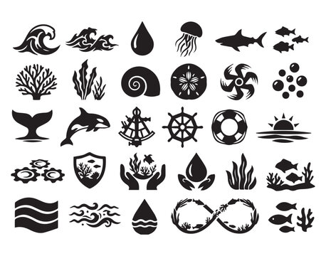 Nautical ocean icons set, black sea life silhouettes and maritime symbols, 30 marine vector elements for aquatic branding and logo design