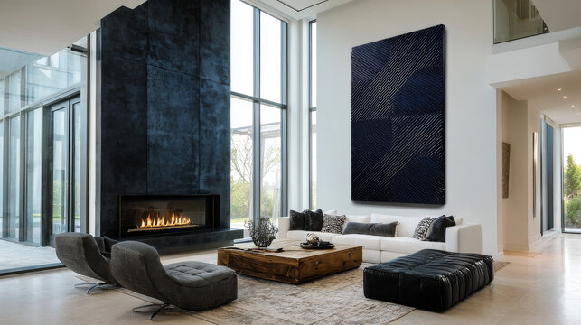 a large, thick black canvas painting with a dark navy blue textured pattern, hanging on the wall of a modern white living room with glass windows and a large fireplace.