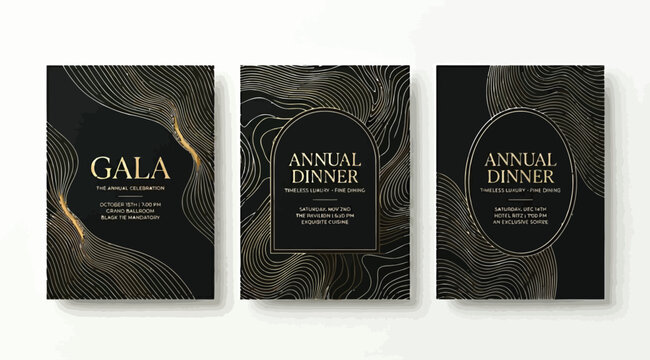 Set of elegant gala and annual dinner invitation card designs with gold abstract line art