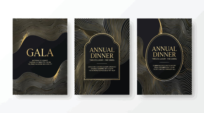 Luxury gala and annual dinner invitation card templates with gold wavy line patterns