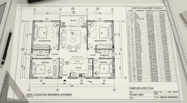 Architectural floor plan drawing of a residential apartment on a drafting table