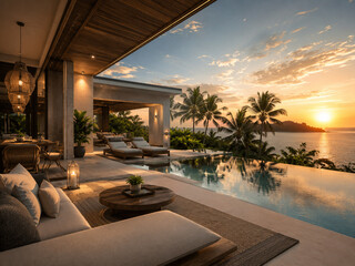 Fototapeta premium Luxury beach resort terrace with infinity pool at sunset