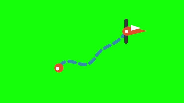 Animated travel route with dotted path and flag on green screen