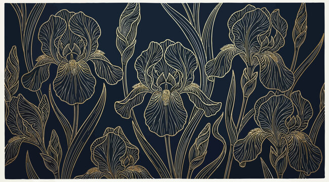 Seamless pattern with gold line art iris flowers on dark blue background