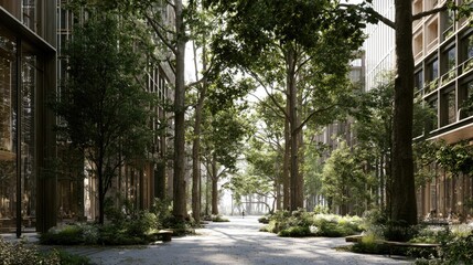 Naklejka premium Contemporary Sustainable Architecture Blending with Trees in Urban Space