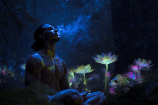 Meditative man in enchanted forest with glowing lotus and breath mist for mystical background and wellness poster design