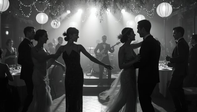 Elegant couples dance at a 1920s party with live band playing jazz music. Women wear beaded flapper dresses, men in tuxedos. Guests enjoy a glamorous retro event with bright lights and decorations.