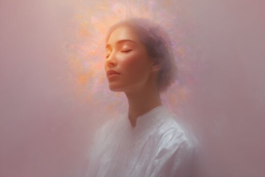 Peaceful woman with glowing breath halo in white clothing for mindfulness meditation background and wellness poster design