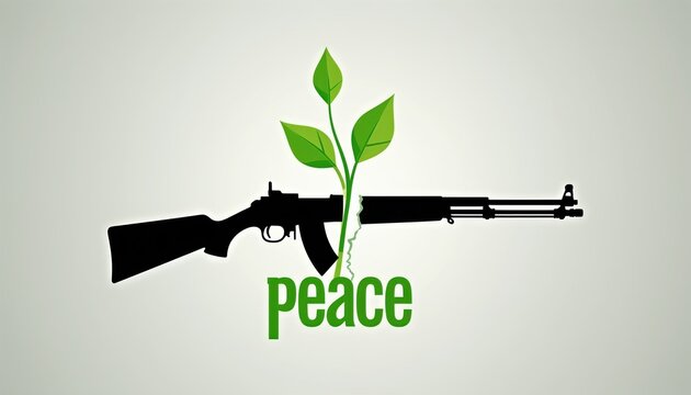Rifle split with plant growing through it signifies peace. Word peace below illustration. Symbolizes end of conflict new beginning and hope.