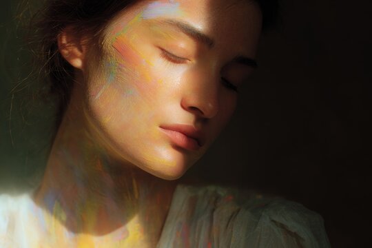 Close up tranquil woman with rainbow prism light on face for wellness portrait background and beauty banner design