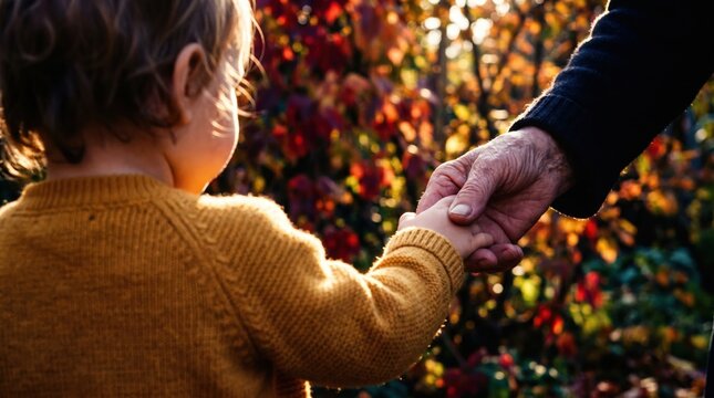 Toddler and Senior Holding Hands in Autumn Park at Sunset for Intergenerational Family Care and Support Marketing