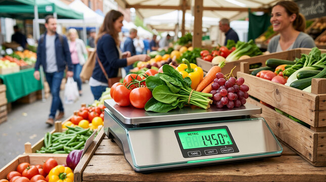 Digital scale with green metric display weighing fresh produce. Assorted vegetables and fruit on stainless steel equipment at outdoor farmers market. Blurred vendor and customers in background