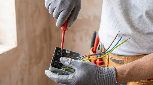 Professional Electrician Hands in Gloves Installing Wires into Junction Box Terminal Block for Residential Electrical Maintenance