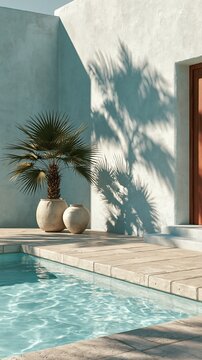 Sunlight casts palm shadows on white walls beside a tranquil pool, serving as a serene background for luxury lifestyle concepts.