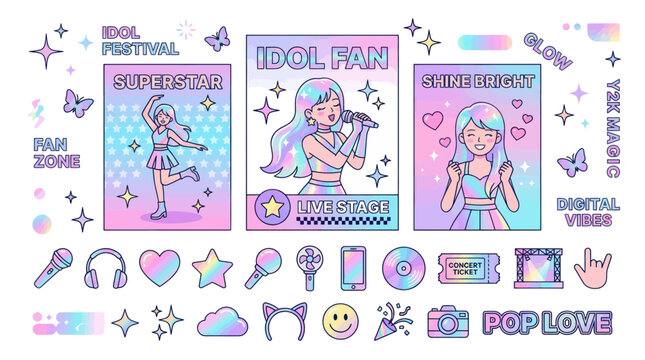 Pop idol music festival with holographic anime characters and icons