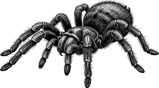 Large hairy tarantula spider in a vintage woodcut engraving style