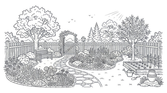Garden landscape with wooden fence stone path and lush flowers