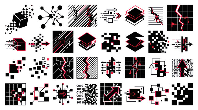 Abstract data glitch icons and geometric technology symbols
