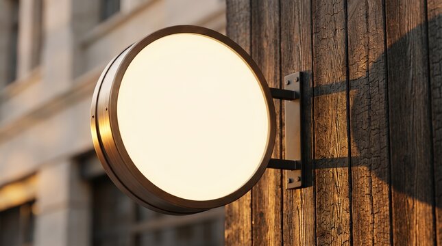 Round blank circular lightbox sign mounted on dark weathered wood wall facade during golden hour for retail shop branding mockup