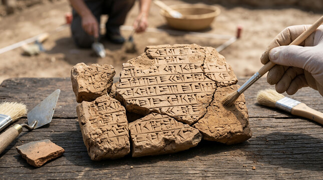 Gloved hand brushing broken clay tablet with cuneiform script. Archaeologist cleaning ancient artifact at excavation site. Historical discovery and preservation concept