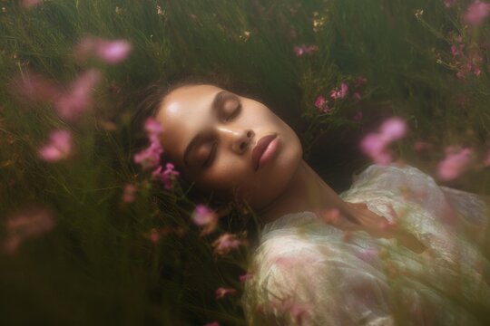 Relaxed woman lying in a flower field with soft focus floral bokeh for wellness poster and nature meditation background