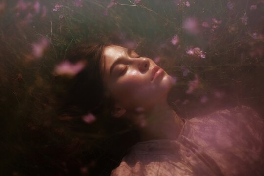 Woman lying in a field of flowers breathing relaxed and dreamy for nature background and wellness poster