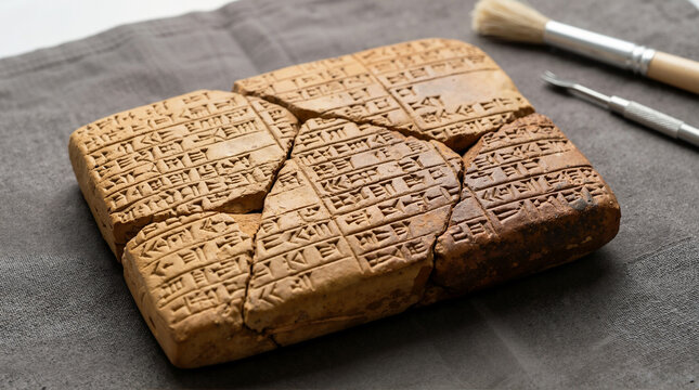Reassembled fragments of ancient clay tablet with cuneiform script. Broken historical artifact resting on grey cloth with archaeological tools. Mesopotamian writing