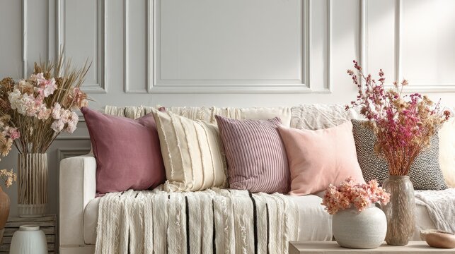 Interior scene showcases a comfortable sofa adorned with textured throw pillows and dried floral arrangements against a paneled wall.
