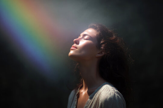 Woman inhaling rainbow light beam for mindful breathing and wellness background poster design