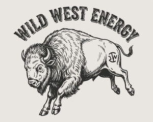 Wild West Energy. Bison vintage print design for t shirt, poster, sticker, background. Buffalo adventure graphic print. © panji