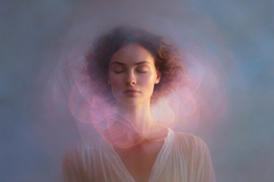 Meditative woman with luminous aura layers and soft pastel light for breathwork therapy poster or wellness background