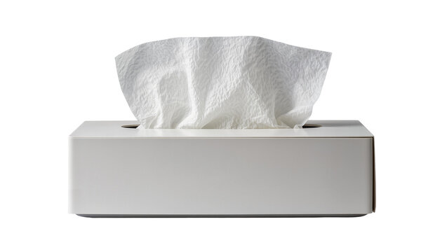 Isolated minimalist white rectangular tissue box with a single soft paper napkin