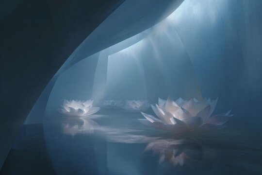 Futuristic chamber with floating lotus sculptures over reflective water for ambient meditation background and wellness design