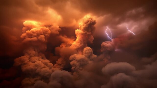 Aerial slow motion tracking shot of volcanic ash clouds billowing with lightning and glowing eruptions in stormy sky at dusk