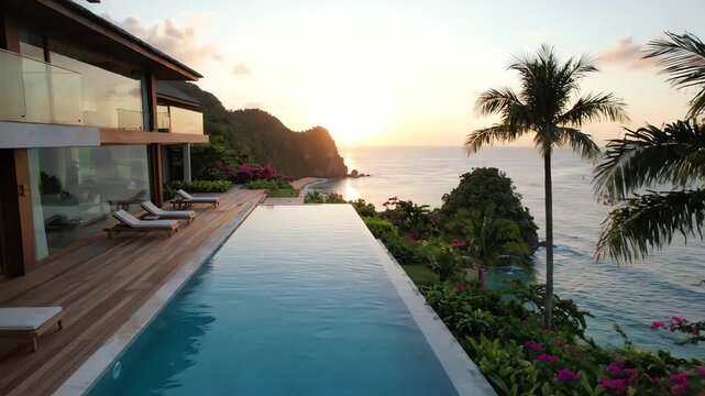 Serene infinity pool overlooking ocean with palm trees and modern house at sunset with warm tones.