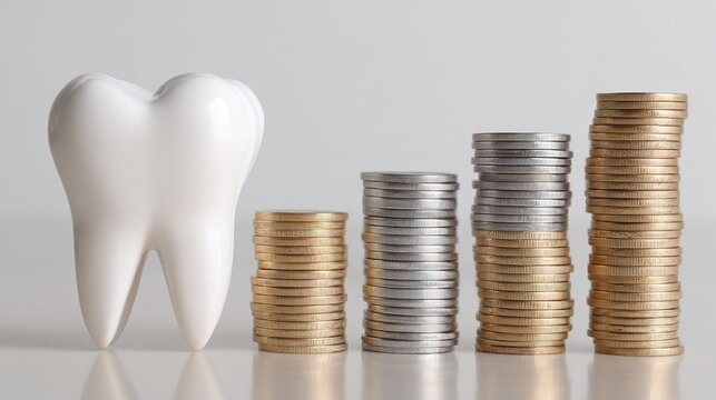 White dental model stands beside four ascending stacks of gold and silver currency