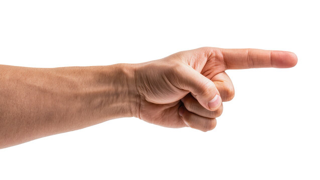Isolated male hand gesture pointing right with index finger, indicating direction or location.