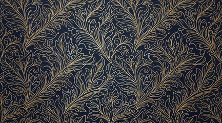 Detailed gold floral pattern on a dark navy blue background, seamless luxury wallpaper design © S.Siam