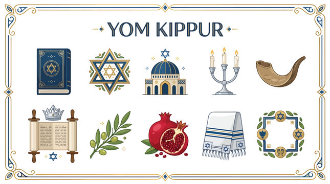 Yom kippur holiday prayer book and traditional jewish symbols