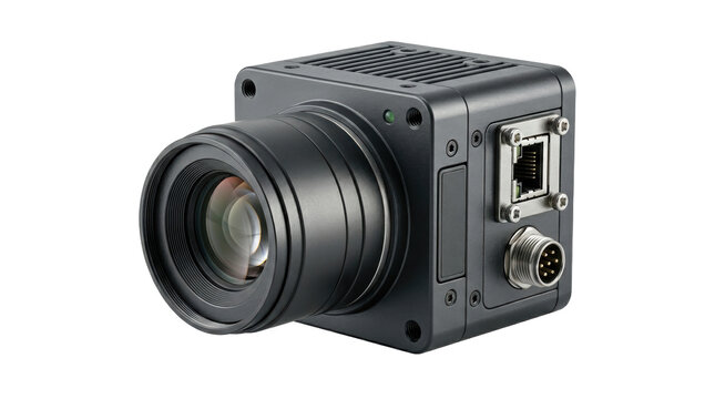 Industrial machine vision camera with a black metal housing, lens, and rear connection ports, isolated on a clean white background, surface view