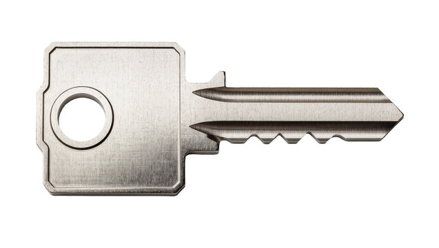 Isolated modern metal house key with brushed texture and classic design for unlocking security