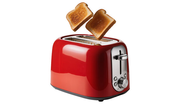 Isolated red toaster with two slices of toasted bread popping out, ready for breakfast