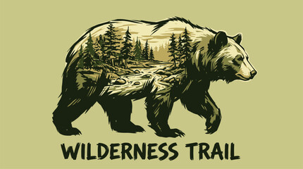 Fototapeta premium Wilderness trail. Mountain adventure vintage print design for t shirt. Explore more. Bear forest landscape artwork.