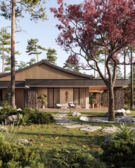 Contemporary bungalow exterior with warm wood facade and autumn landscape © Alexuans