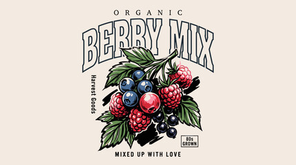 Eat well live well. Berry mix local farm. Organic berry farm. Berry mix fruit artwork. Vintage t shirt design. © panji
