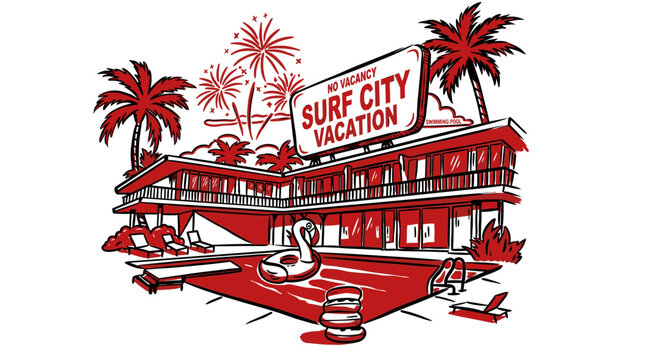 Surf City Vacation. Retro motel beach club. Endless summer artwork. Tropical vintage design for t shirt print.