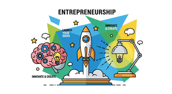 Entrepreneurship concept with rocket and light bulb.