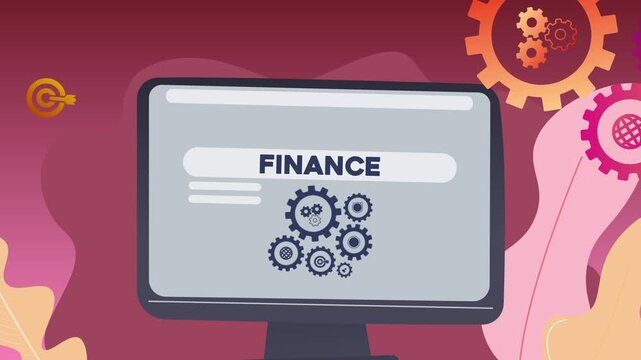 A computer screen displaying the text &ldquo;Finance&rdquo; and illustrations of gears