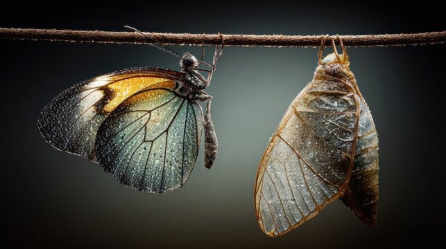 Newly emerged butterfly clings beside its shed pupa shell on a branch