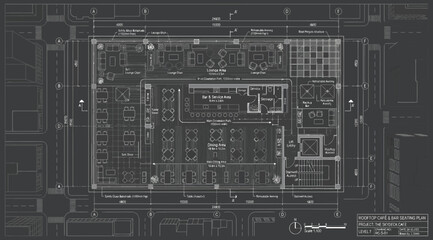 Architectural floor plan of a modern restaurant or commercial space with seating layout and bar area © Saharia